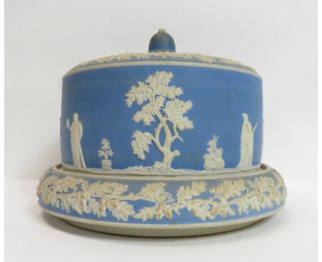A late Victorian circular Jasperware type stilton dish and cover, blue and white, the cover with acorn finial, unmarked, 21cm