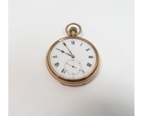Anonymous, a 9 carat gold open faced pocket watch, the white enamel dial with black Roman numerals, hands and sunken subsidia