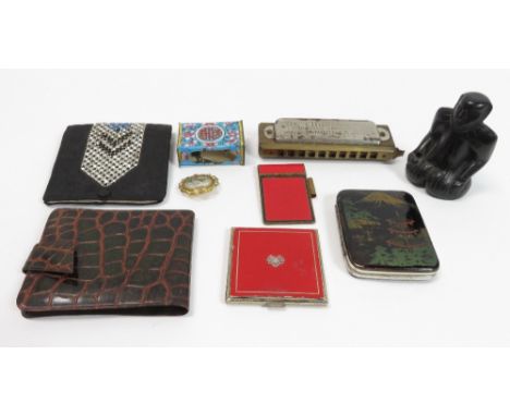 A circa 1930/40's ladies evening purse with paste decoration; mouth organ; compact; cigarette case and other items