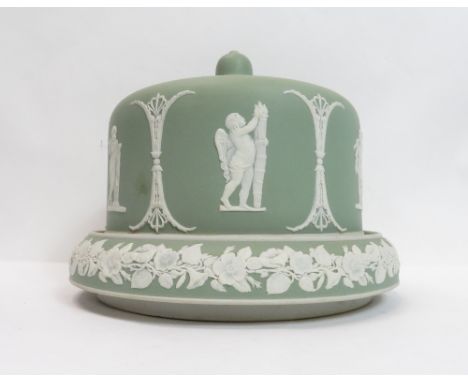 A late Victorian circular Jasperware type stilton dish and cover, green and white, the cover with acorn finial, unmarked, 23c