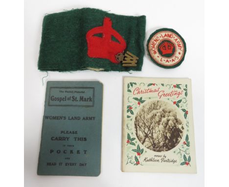 Womens Land Army - WWII period cloth badge; armband; brass badge; pocket gospel and Christmas greetings booklet