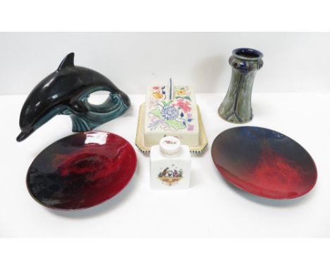 Two Royal Doulton flambe wove dishes; Royal Doulton stoneware vase; Poole cheese dish and cover; Poole Dolphin and Royal Worc