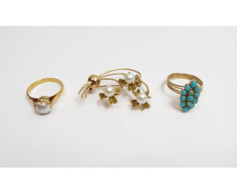 A turquoise cluster ring, unmarked; a single stone blister pearl ring, unmarked; and a cultured pearl brooch, stamped '750', 