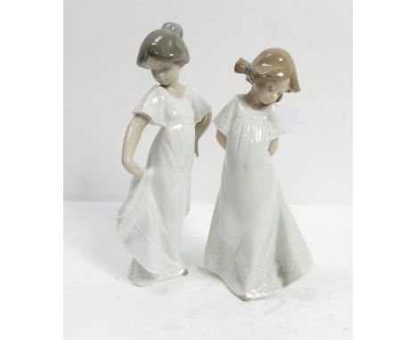 A Nao figure of a young girl wearing along night dress, 21cm high together with another similar figure 22.5cm high