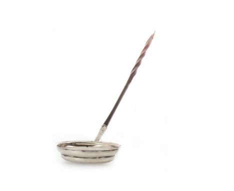 SILVER PLATED TODDY LADLE WITH WHALEBONE HANDLEthe oval bowl with engraved initials to underside, on turned whalebone handle,