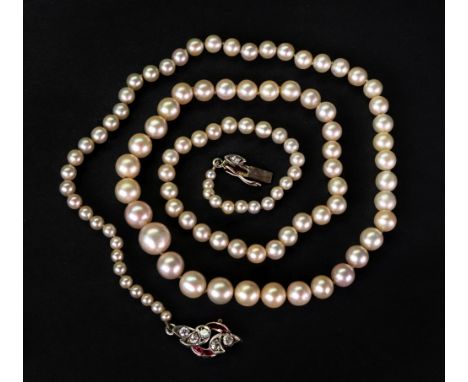 A single-row natural pearl necklace, designed as a graduated row of 105 pearls from 2.64 - 7.82mm pearls, suspended from a ru