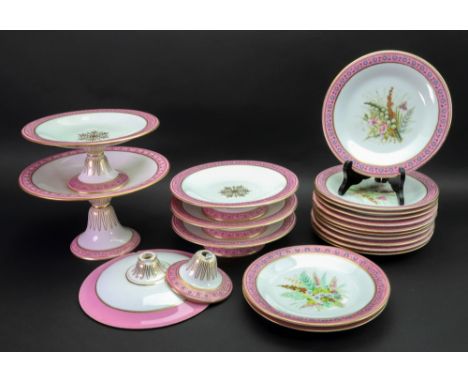 A set of thirteen Royal Worcester porcelain dessert plates, circa 1880, centrally painted with bouquets of flowers against a 