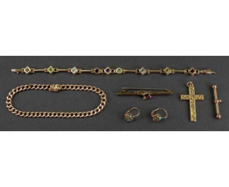 A collection of gold and gem-set jewellery; comprising: a multi-gem set 9ct bracelet of lozenge link design; a flattened curb