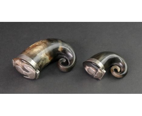 Two Scottish rams horn snuff mulls, 19th century, each with hinged covers, the mounts of the larger engraved with thistles an