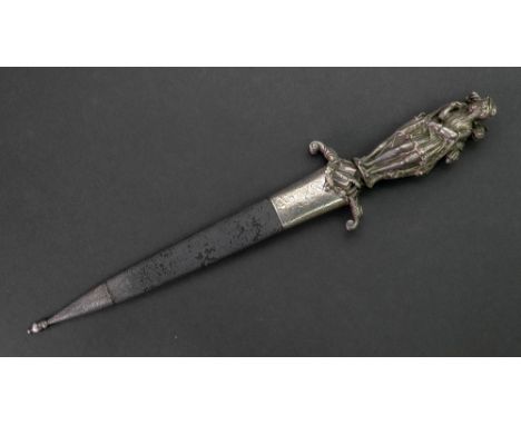 A silver handled dagger, cast as three standing figures dressed in period costume, two in an embrace, the cross guard with sc