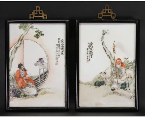 A pair of Chinese rectangular ceramic plaques, one painted with a seated figure looking at a mouse on a block, the other an e