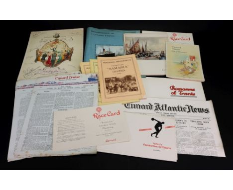 A collection of printed ephemera from a Cunard Cruise of R M S "Samaria" in August 1934, including menus, one signed and prog