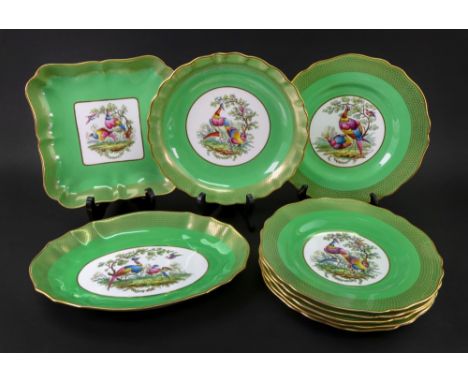 A Spode Copeland's china nine piece dessert service, centrally painted with panels of pheasants in landscapes, by M. Edge, si