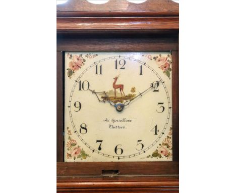 Jn. Spendlove Thetford; a George III oak longcase clock, the square hood with a broken swan neck pediment and giltwood orb fi