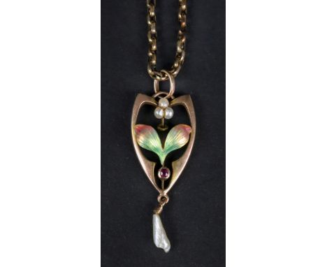 A gold, seed pearl and freshwater cultured pearl and enamelled Art Nouveau pendant, in a floral openwork design, mounted with