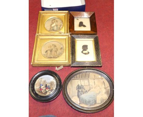 Two Victorian portrait silhouettes, pair 19th century school miniature watercolours, Victorian colour engraving, and a framed