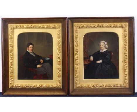 A pair of late Victorian overpainted portrait prints of a seated lady and gentleman, 20 x 15.5cm, each housed in gilt composi