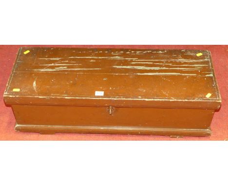 A late 19th century rustic painted tool chest, having iron end carry handles, 82 x 30 x 23cm