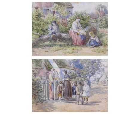 Follower of Myles Birkett Foster (1825-1899) - Pair; Figures in conversation at the garden gate, and Family group playing, wa