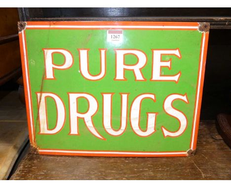 An enamel on metal wall mounted sign titled 'Pure Drugs' 29 x 38cm
