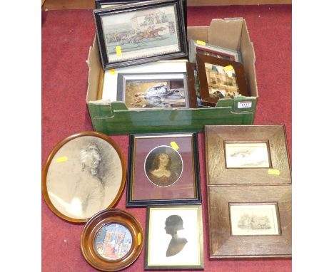 Box of assorted pictures and prints, portrait silhouette, pastel portrait study, etc