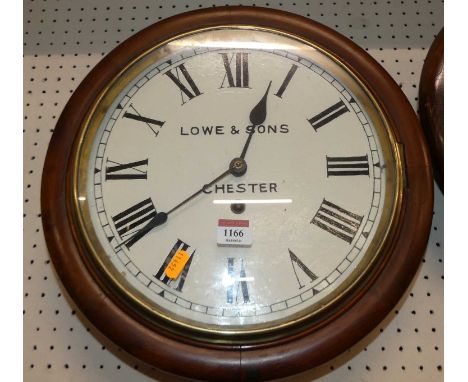 A mahogany circular wall clock, the re-painted dial signed Lowe &amp; Sons Chester, with single winding hole, dial dia. 12"Di