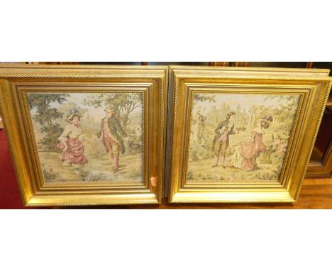 A pair of reproduction tapestry panels, each 22 x 22cm, in gilt composition frames 