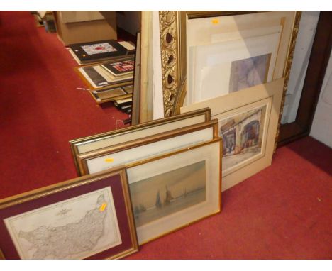 Assorted pictures and prints to include county map of Suffolk, various watercolours, framed and unframed, including a Victori