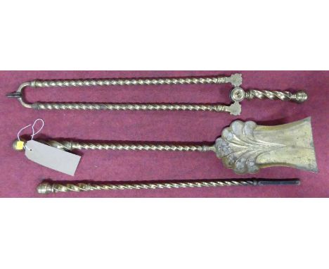 A set of three 19th century turned brass fire tools, to include shovel, poker and tongs