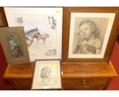 Christopher Hollick - Heavy horses, watercolour, framed as an oval, signed and dated '92, 24 x 19cm; H.F. Cutting - half-leng