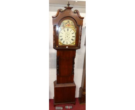 An early Victorian mahogany North Country longcase clock, having a painted arched dial, with twin subsidiary dials, twin wind