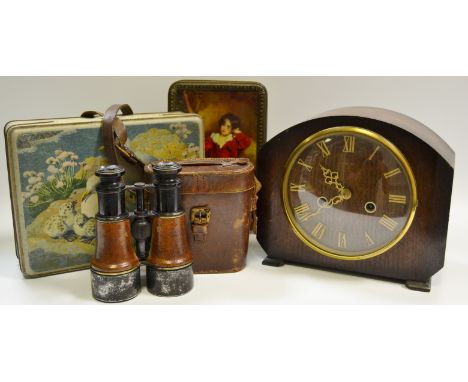 A pair of Dollond London binoculars x5 27/16" probably WW1 British Army Officers Private Purchase; a Smiths oak mantle clock,