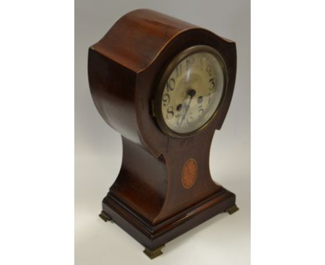 An Edwardian inlaid mahogany balloon clock, Goldsmith Co, Newcastle, silver dial, Arabic numerals, chiming movement, stepped 