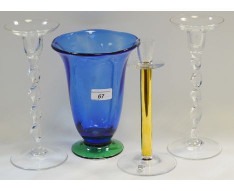 Orrefors of Sweden blue and green vase and candlestick; a pair of John Jenkins candlesticks barley twist stems (4)