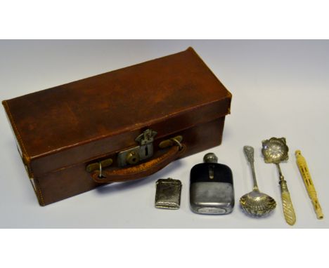 Boxes and Objects -  a small leather vintage case containing a white metal vesta case; a small hip flask; etc