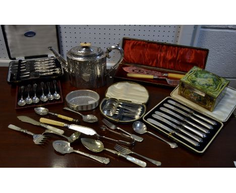 Silver & Plate - a set of six silver hafted fruit knives;  others, epns teap spoon, teapot, etc qty