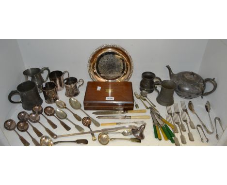 Metalware - a 19h century pewter tankard;  others;  a Victorian globular teapot dated 25th Dec 1865;  Epns candle snuffer;Fla