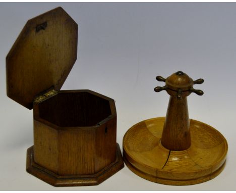 A Victorian oak octagonal box or caddy, c.1880; an oak stand, as a ship's capstan (2)
