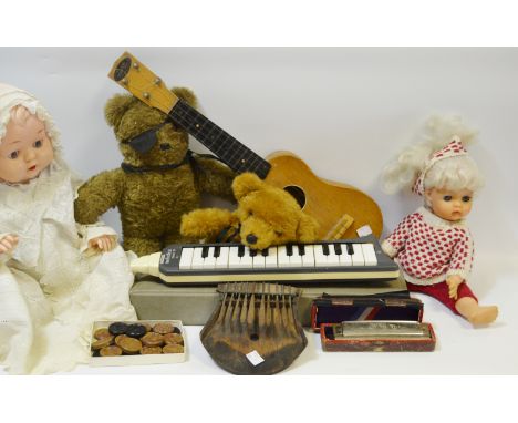 Juvenalia - a Hohner Super Chromonica, original case; a B&S Master ukulele; a West German mouth organ; a Kalimba; an early 20