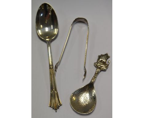 Silver - a Norse inspired Caddy Spoon, Chester 1947;  sugar bows etc (3)