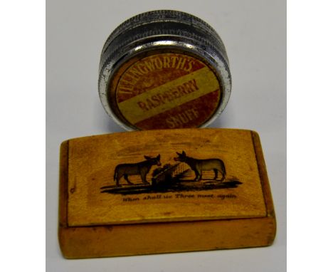 A Mauchlin ware snuff box 'when shall we three meet again'; an Illingworths raspberry snuff tin (unopened) (2)