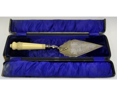 A silver presentation trowel presented to and engraved  'Miss N.K. Brightmore Mayfield House Tideswell Placed Foundation Ston