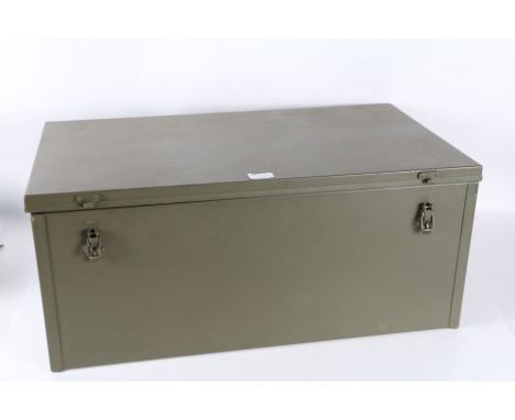 A large green painted metal trunk, 64cm wide 39cm deep