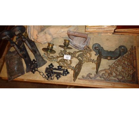 Assorted architectural metalware, inc. brackets, sconces, door handle, etc., and a pair of carved wood brackets