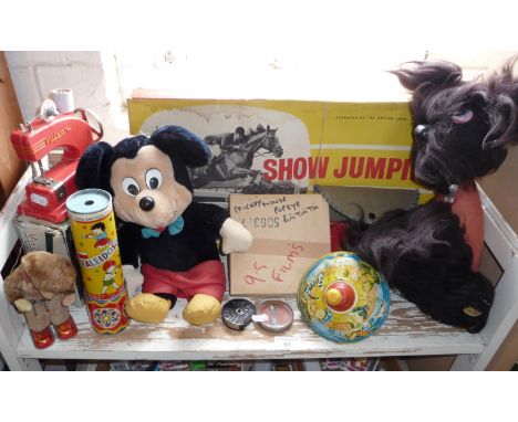 Assorted vintage toys, inc. tinplate spinning top, Vulcan sewing machine, clockwork bear (A/F), Mickey Mouse films, Felix the