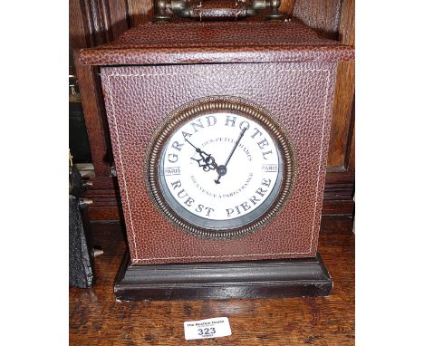 Leather bound jewellery box in the form of a French mantle clock with battery powered movement