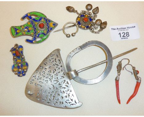 Vintage Berber silver cloak or cape clasps and other silver enamel jewellery, inc. coral earrings