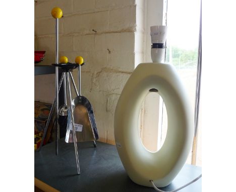 Vintage 1960s chrome fire companion set and a sculptural china table lamp