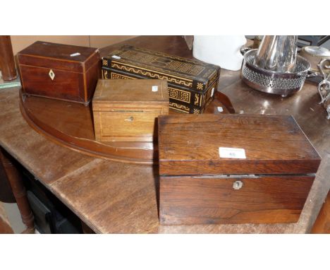 19th c. rosewood tea caddy, three other boxes and an Edwardian mahogany butler's tray with shell inlay