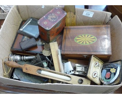 Miscellaneous items inc. sundial, lighters, boxes, enamel car badge etc.
